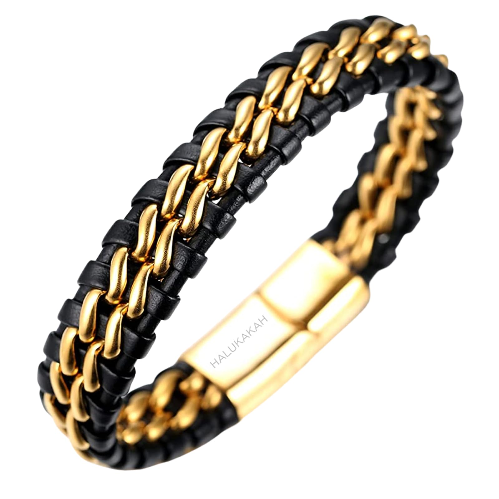 HALUKAKAH ● Solo ● Men's Genuine Leather Titanium Bracelet Black & Golden 8.46"(21.5cm) with Free Giftbox