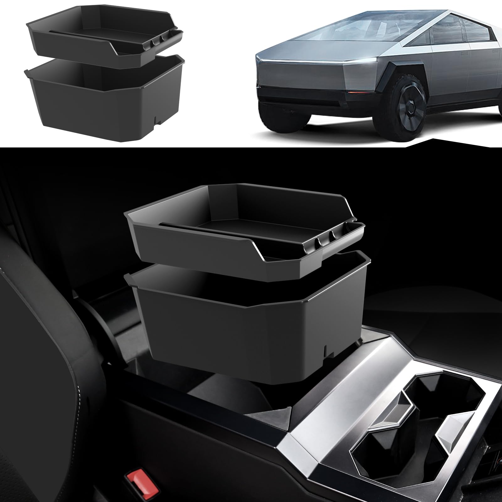 Photo 1 of Foronetry Double Layer Center Console Organizer for Tesla Cybertruck 2024, ABS Console Tray Insert storage box for Cybertruck Accessories(2PCS)