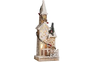 White Christmas Village House, Wooden Winter Rustic Church with Warm LED Light Faux Snow Pine Tree for Tabletop Home Decor (W