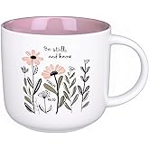 ONRRI 13.5 oz Round Ceramic Mug with Pink Interior, Be Still and Know Psalm 46:10 Text, Double-Sided Print, Microwave Safe, Christian Coffee Cup for Women
