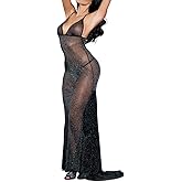 Sunspice Sexy Sheer Black Shining Mesh Long Nightgown Deep-V Babydoll Dress for Women