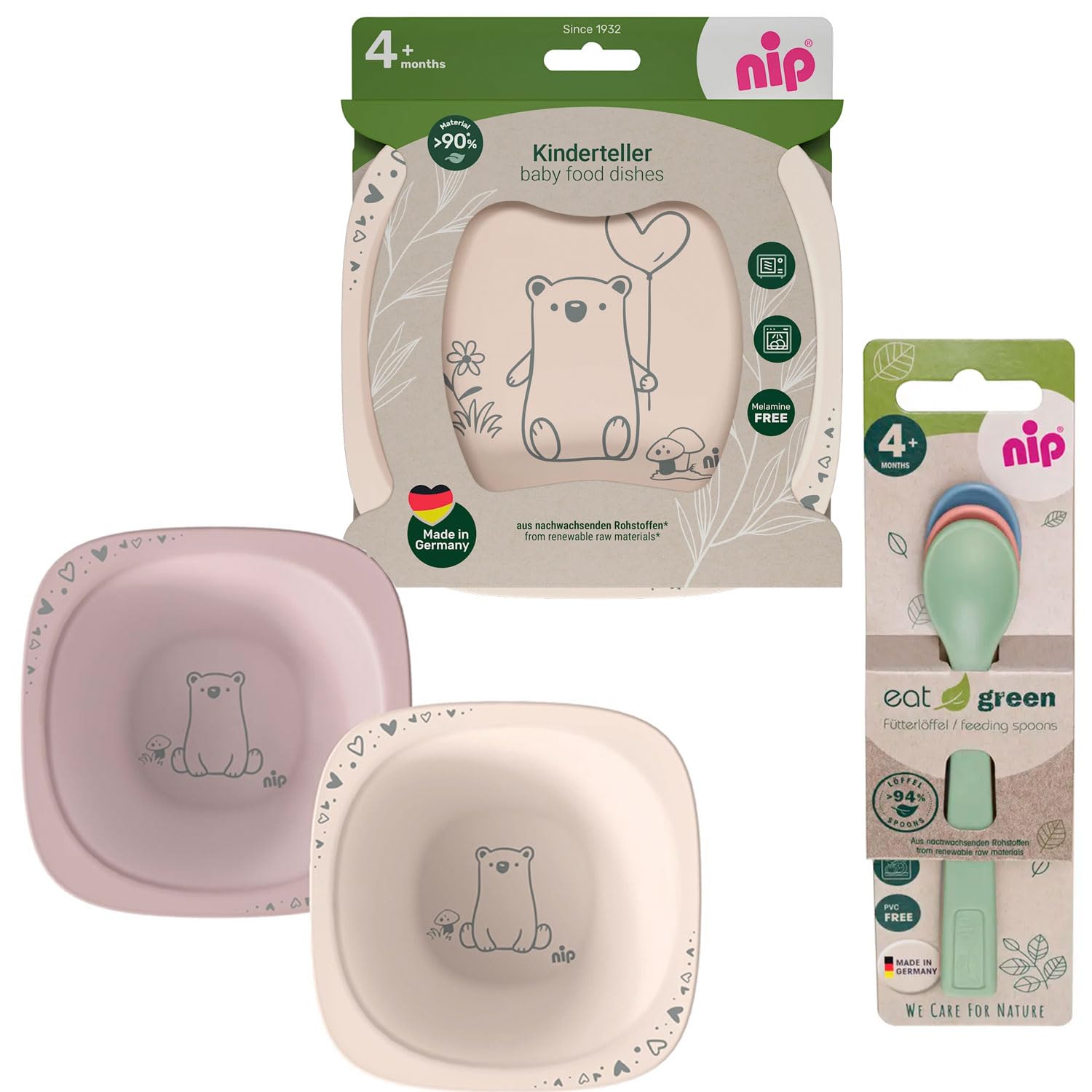 NIP Eat Green Crockery Set from 4th Months, 2 Plates, 2 Porridge Bowls, 3 Eat Green Eco Organic Baby Spoons, Dishwasher Safe, Microwave-Safe, BPA-Free, Melamine-Free, PVC-Free, Made in Germany