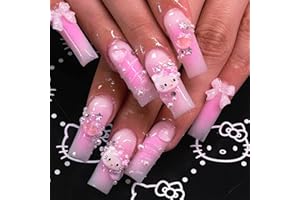 TEZOCR 24Pcs Pink Coffin Nails Press on Nails Long Coffin Fake Nails with 3D Heart Pearl Star Nail Charms Design Nail Gems Diamond Pink Acrylic Nails Supply Full Cover False Nails Stick on Nails for Women