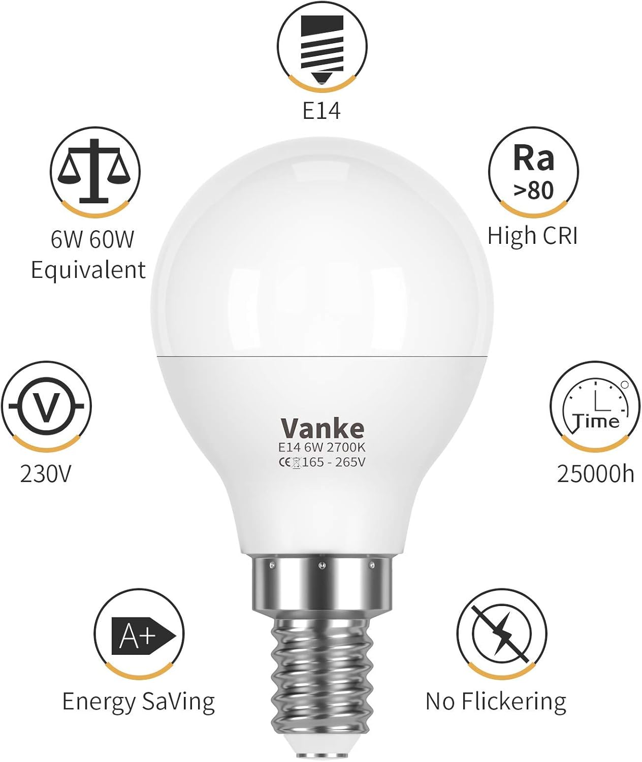 Vanke E14 LED Light Bulb, Warm White 2700K Yellow Light, 6W (40 Watts Equivalent), Non-Dimmable, SES Small Screw Light Bulb - Image 3