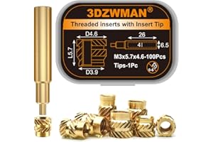 3DZWMAN M3 Threaded Inserts for plastic-100Pcs M3x5.7x4.6 with Heat Set Insert Tools-Brass Metric Knurled Nuts for 3D Printing Components and Plastic Parts