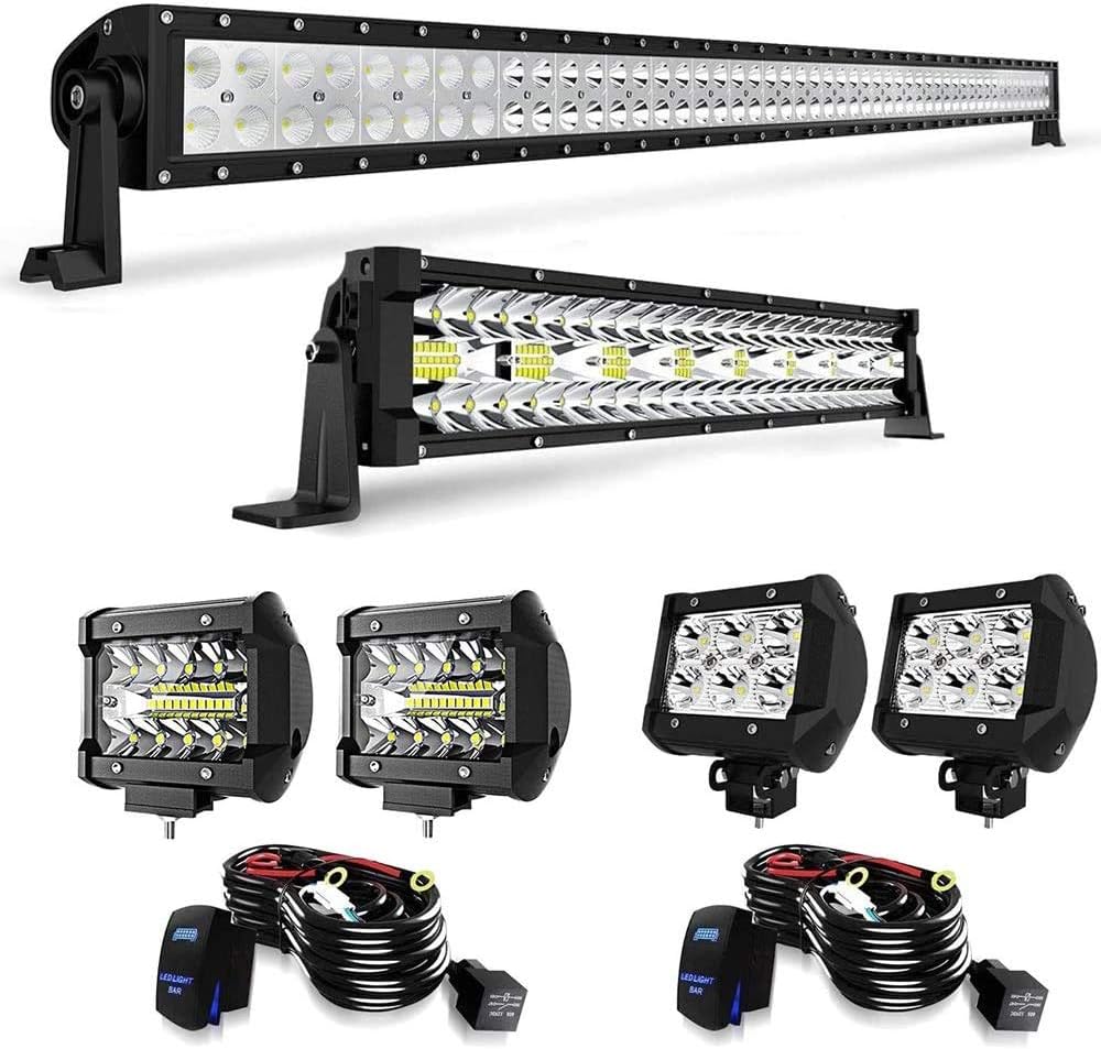 DOT 54Inch 312W Straight Led Light Bar Double Row + 32Inch 585W Straight Led Light Bar Triple Row + 4Pcs 4Inch Led Lights W/Wiring Harness for Trailer Boat SUV ATV Jeep Wrangler Ford