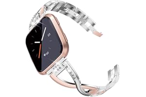 TOYOUTHS Bling Bracelet Compatible with Fitbit Versa/Versa 2 Bands Women Stainless Steel Wristband Replacement for Versa Lite Edition/Versa SE Accessory Dressy Metal Strap Silver+Versa 2 Copper Rose