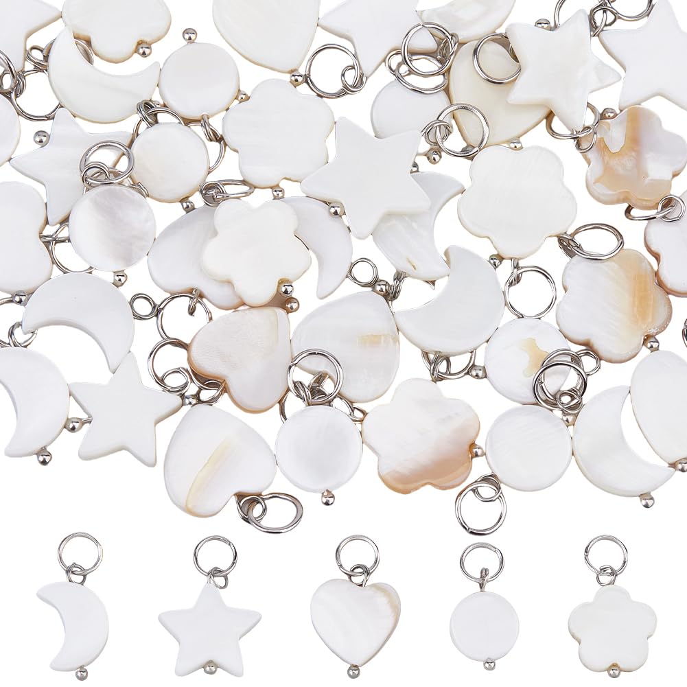 SUPERFINDINGS 40Pcs 5 Styles Shell Pendants Natural Shell Charms Sea Charms Ocean Charm White Moon Star Heart Round Flower Charm with Silver Tone Jump Ring for DIY Jewelry Making