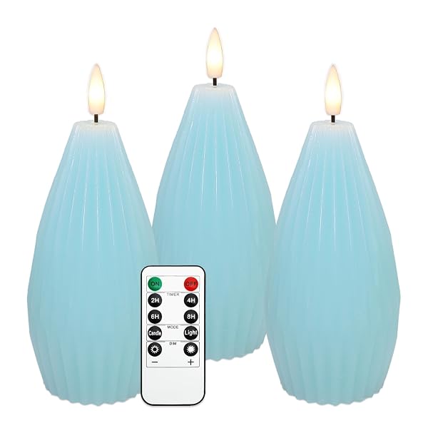 IMMEISCENT BLUE RIBBED FLAMELESS CANDLES WITH REMOTE FLICKERING REALISTIC BATTERY POWERED LED REAL WAX DECORATIVE CANDLE GEOMETRIC AESTHETIC RIBBED MODERN OCEAN DECOR FOR HOME TABLE FIREPLACE, 3PACK