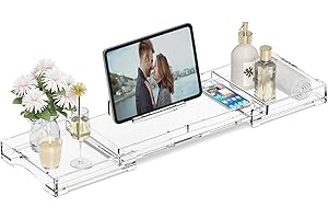 Bathtub Tray Caddy Table for Tub - Rulyyo Tub Tray Bath Caddy Tray for Bathtub, Clear 18-32.5 Inch Expandable Over The Tub Bath Tray for Bathtub, Waterproof Bathtub Caddy Tray for Luxury Bath