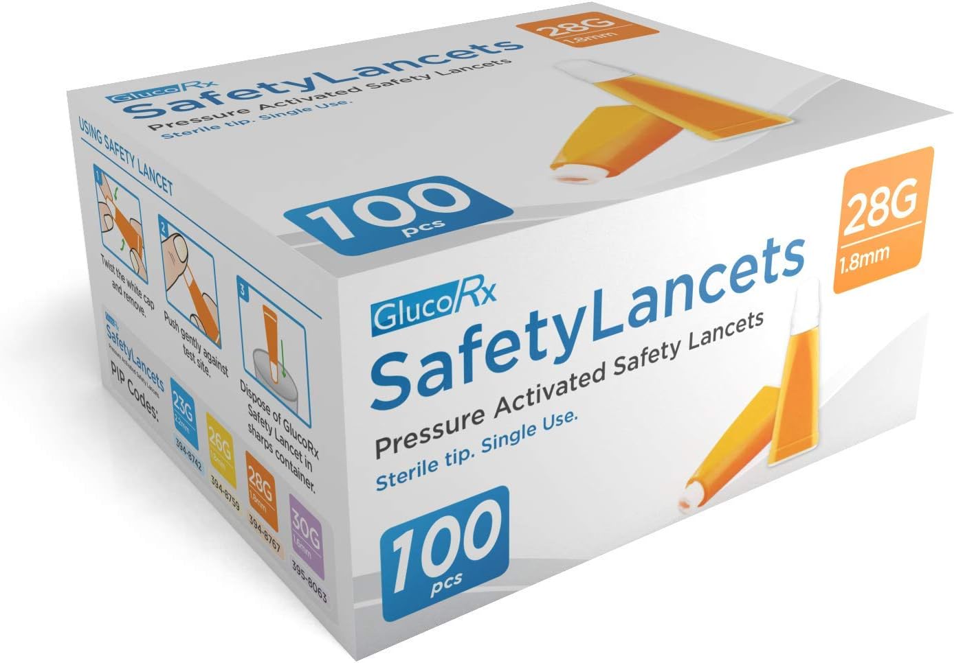 GlucoRx 28 g/1.8 mm Safety Lancets, 100 Pack, 5060342240583