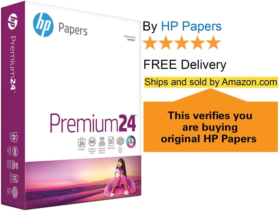 HP Paper Printer Paper 8.5x11 Premium 24 lb 1 Ream 500 Sheets 100 Bright Made in USA FSC Certified Copy Paper Compatible 115300R, White (112400R): Office Products