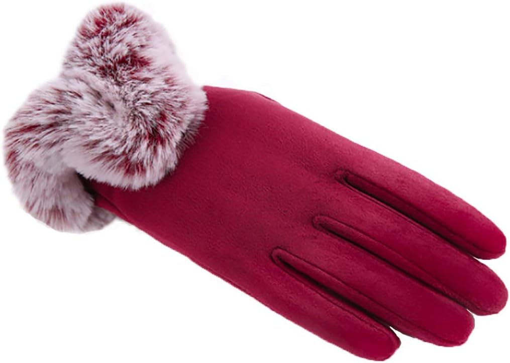 Womens Winter Faux Fur Gloves Wrist Warmer Mittens Thumb Hole Gloves for Women and Girls (Red)