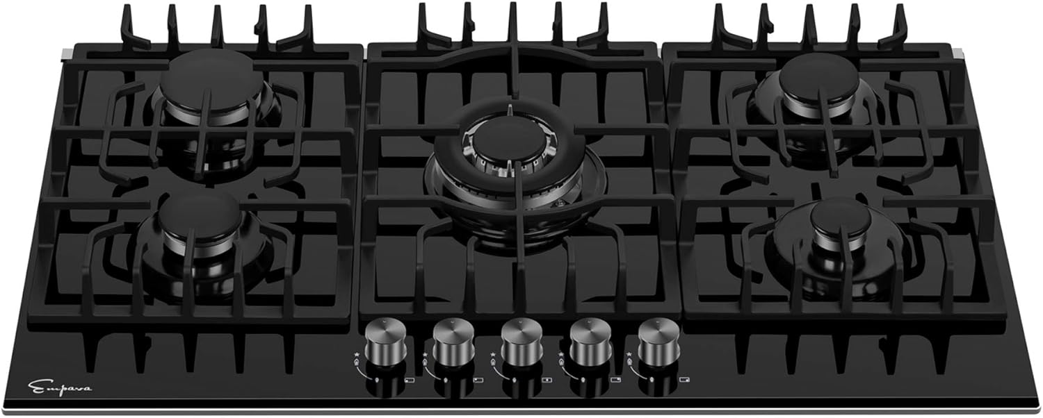 Empava 30 Inch Gas Stove Cooktop 5 Italy Sabaf Sealed Burners NG/LPG Convertible in Black Tempered Glass: Appliances