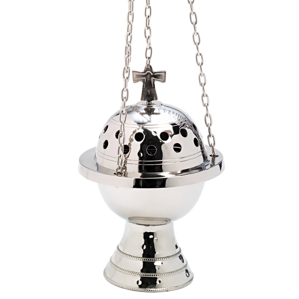 NKlaus Incense Burner Brass nickel plated with cross chain 85cm large hanging silver for incense7623