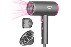 SIYOO HAIR DRYER SIYOO Professional Hair Dryer, Ionic Blow Dryer with Diffuser and Nozzle, 1600 Watt Negative Ions Salon Lightweight Hairdryer Pink