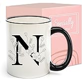 Monogram Ceramic Coffee Mugs, 11 oz Initial Drinking Cup with Gift Box, Unique Birthday Valentines Day Gifts for Women Wife Mothers Day Grandma Mom Aunt, N