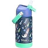 rockpapa 14 oz Kids Insulated Water Bottle,Stainless Steel Toddler Cups with Straws, BPA Free, Leak-Proof, Kids Water Bottle for School Boys& Girls (Blue Rocket)