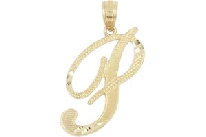Ice on Fire Jewelry 10k Solid Real Gold Cursive Initial Pendant, English Alpahbet A-Z Letter Charm with Diamond Cut