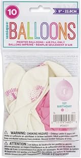 Unique Happy 1st Birthday Balloons Pack of 10 Pink & White Latex 22cm view 3