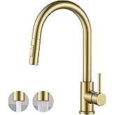 FORIOUS Gold Kitchen Faucet with Pull Down Sprayer, Classic Single Hole Kitchen Sink Faucet with Deck Plate, Single Handle, High Arc Stainless Steel, Fit for RV Bar Farmhouse Laundry Outdoor