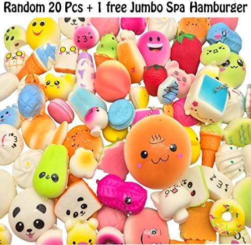 1Pc 3.93 Inches Jumbo Hamburger and Random 20Pcs Kawaii Scented Slow Rising Panda/Strawberry/Ice Cream/Food/Bread Squishies Phone Charms Pendant Stress Relief Toys