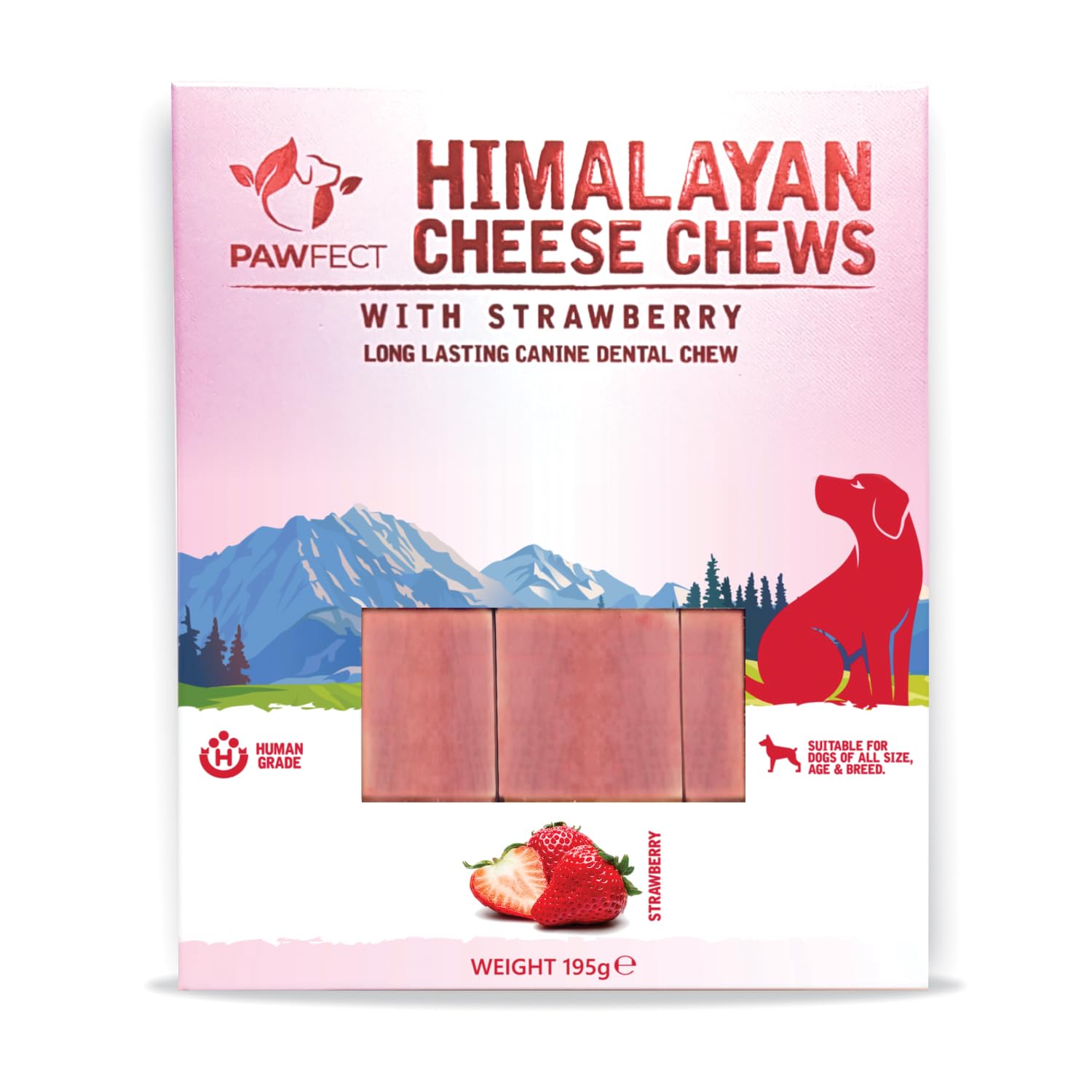 Pawfect Himalayan Yak Cheese Chews with Real Strawberry for Medium Dogs- 100% Natural Dental Stick- Cleans Teeth- Plaque Off and Tartar Control -High Protein, Grain-free Chews - Pack of 3(195g/6.88oz)