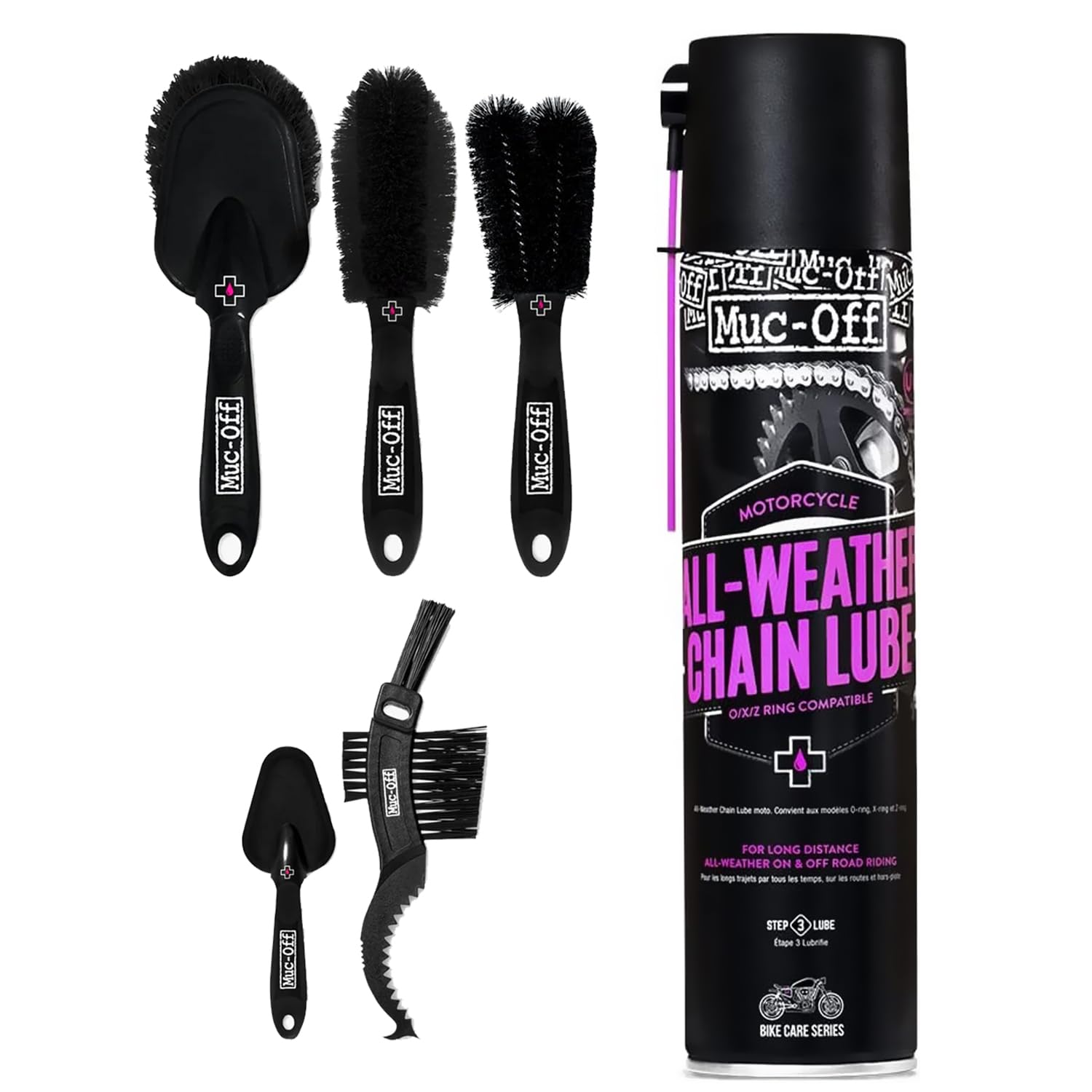 Muc-Off All-Weather Motorcycle Chain Lube 400ml + 5 Brush Set | Premium Synthetic Motorcycle Chain Lubricant | Ceramic Formula & Long-Lasting | Includes Bike Brush Kit Image