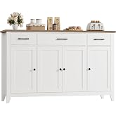 HORSTORS 55" W Buffet Cabinet with Storage, Kitchen Storage Cabinet, White | Modern Farmhouse Buffet Sideboard with 3 Large Drawers, Adjustable shelves, Wood Coffee Bar Cabinet for Dining Living Room