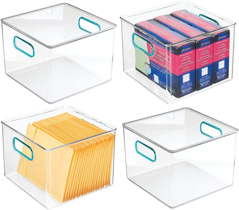 mDesign Plastic Home, Office Storage Organizer Container with Handles for Cabinets, Drawers, Desks, Workspace - BPA Free - for Pens, Pencils, Highlighters, Notebooks - 8" Wide, 4 Pack - Clear/Blue