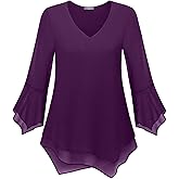 Furnex Blouses for Women Dressy Casual 3/4 Ruffle Sleeve V Neck Chiffon Double Layers Business Casual Tops for Women