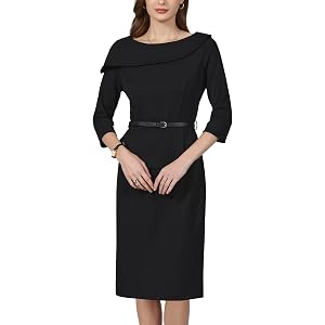 Hobemty Women's 3/4 Sleeve Pencil Dress Lapel Boat Neck Office Work Knee Length Dresses with Belted