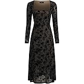 CIDER Women's Midi Dress Floral Flocking Mesh Long Sleeve Square Neck tie Back Party Evening Dress