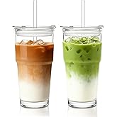 INSETLAN 20oz Clear Glass Cup with Lid and Glass Straw, Set of 2 Thickened Glass Coffee Tumblers, Drinking Glasses with Straw for Smoothie, Tea, Milk, Whiskey, Water and More – Elegant & Durable