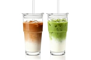 INSETLAN 20oz Clear Glass Cup with Lid and Glass Straw, Set of 2 Thickened Glass Coffee Tumblers, Drinking Glasses with Straw