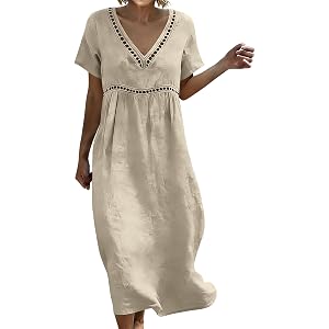 Linen Dresses for Women 2026 Cotton Linen 3/4 Sleeve V Neck Pleated Lace Dress Loose Boho Summer Beach Vacation Wear