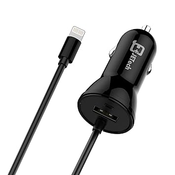 iPhone Car Charger, JETech 5V 2.1A Dual Rapid USB iPhone Car Charger with Built-in Lightning Cable for iPhone X / 8 / 8 Plus / 7 / 7 Plus / 6s / 6 Plus, iPad Air / Pro / mini and More (Black)