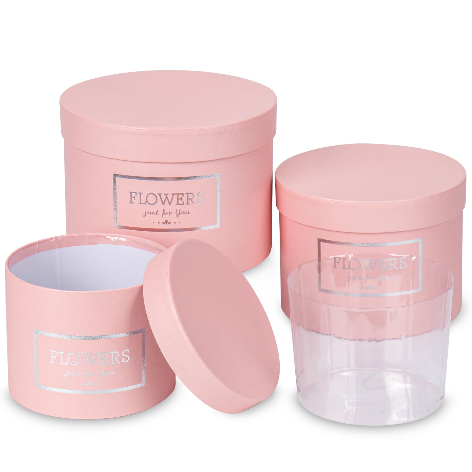 Briful Set of 3 Pink Gift Boxes with Lids, Round Gift Box with Inner Plastic Box for Fresh Flowers Dried Plants Small Gift boxes for Presents, Crafts, Wedding Decor