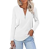 TICTICMISS Women's Long Sleeve Shirts Zipper Color Block V Neck Tunic Tops Casual Blouse