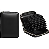 THARX RFID Blocking Leather Credit Card Holder with 13 Card Slots, Top Grain Textured Cowhide Small Zipper Wallet for Women and Men, Compact ID and Cash Holder for Travel Business (Black