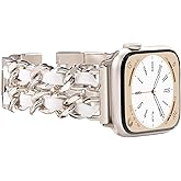 NewWays for Apple Watch Band Series 10 42mm 41mm 40mm 38mm Series9 8 7 SE 6 5 4 3, Jewelry Bracelet for iWatch Band for Women, Starlight Link with White Leather