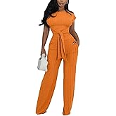 GarRela Women's Casual 2 Piece Outfits Round Neck Short Sleeve Stretchy Pullovers Casual Crop Tops Long Pant Sets Jumpsuits