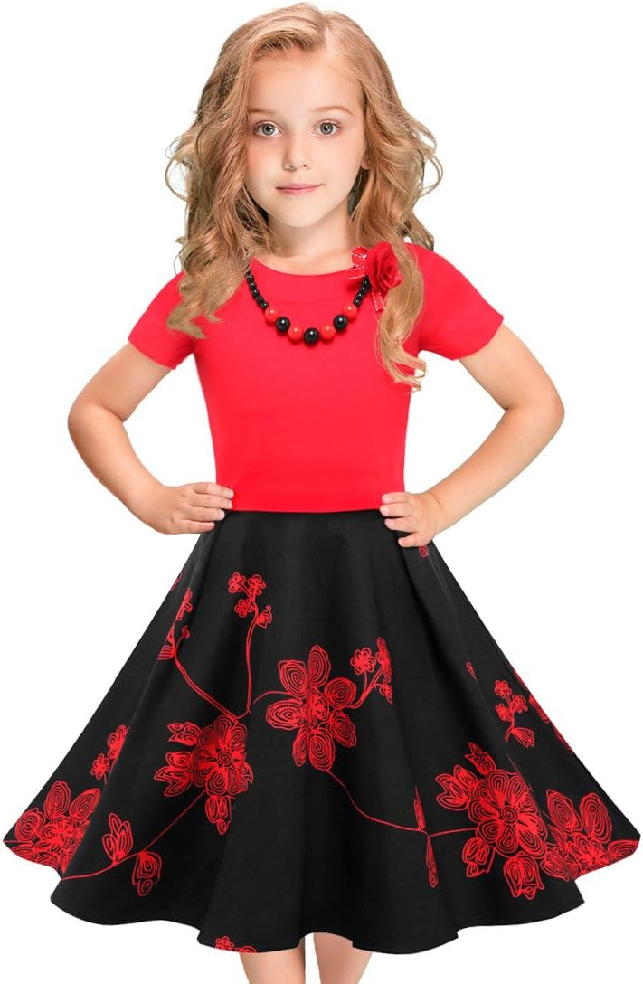 Tao-Ge Christmas Dresses for Girls Vintage Dress 50s 1950 Outfit Kids Girl Polka Dot Flower Checkered Party Dresses Size 6-12