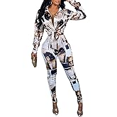 Glozeplus 2 Piece Outfits for Women Sexy Bodycon Long Sleeve Crop Tops Long Pants Sets Floral Print Tracksuits Jumpsuits