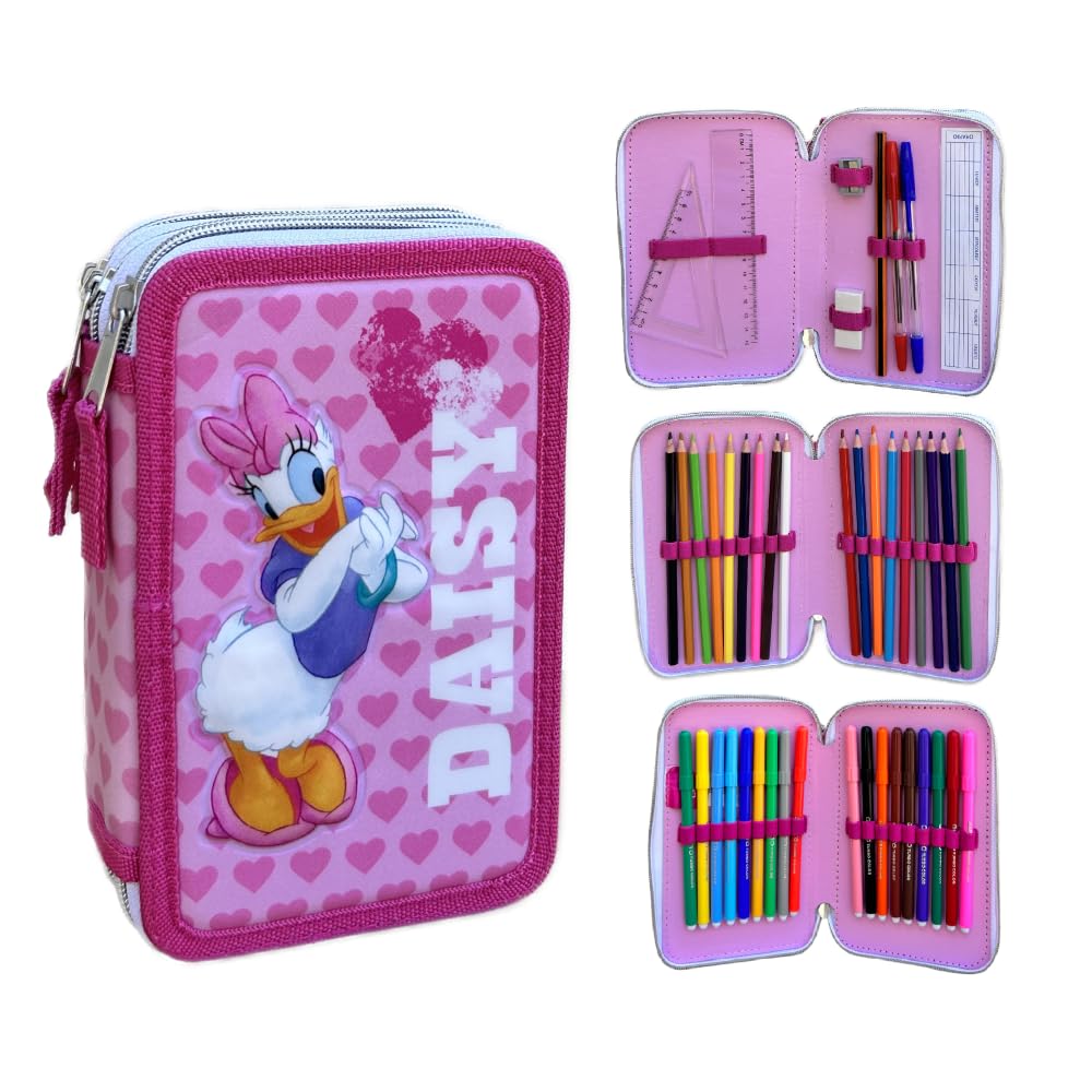 CARTOON Giotto 3 Zip Multi-Compartment Pencil Case for School 44 Pieces Pens Pencils Colours Markers, Donald Duck, Pencil Cases