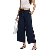PIQIDIG Wide Leg Pants for Women Casual Slacks Elastic Waist Side Slit Flowy Palazzo Pants Trousers with Pockets