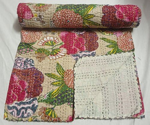 Tropicana design cotton kantha 90 x 108 inch bed cover kantha quilt kantha blanket , kantha bed spread