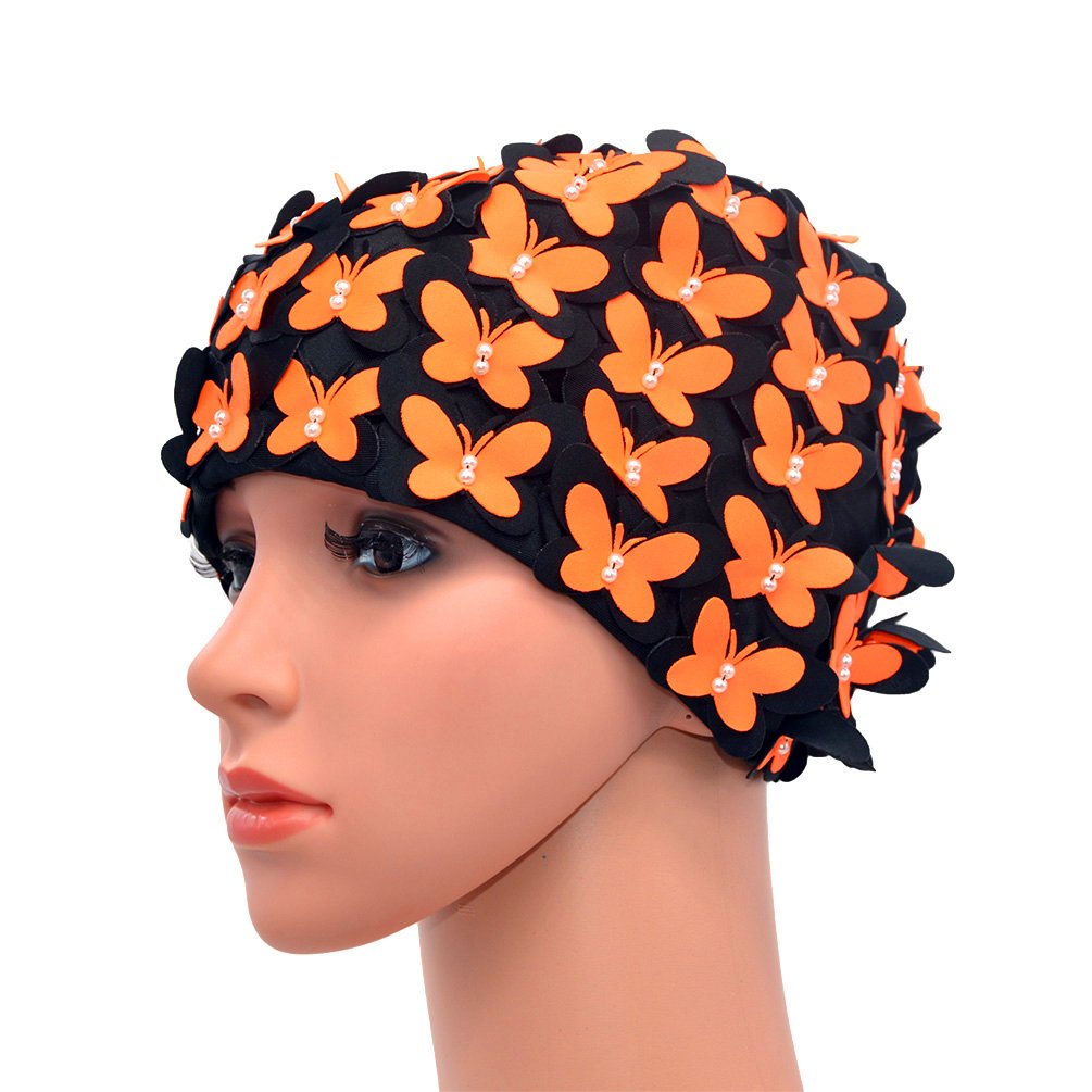 Medifier Vintage Swim cap Floral Petal Retro Style Bathing Caps for Women Orange