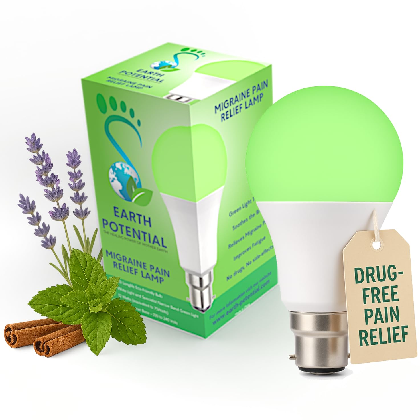 Earth Potential Green Light Lamp for Migraine Pain, Stress, Anxiety, and Headache Relief - Natural Insomnia and Fibromyalgia Support - Adjustable Brightness, Long-Life LED, Eco-Friendly Design