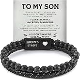 DIOWUS The Guardian - Son's Tiger Eye Protection Bracelets For Men, Leather Black Beaded Bangle Engarved With Love You Forever Cuff Jewelry Gift for Birthday Christmas